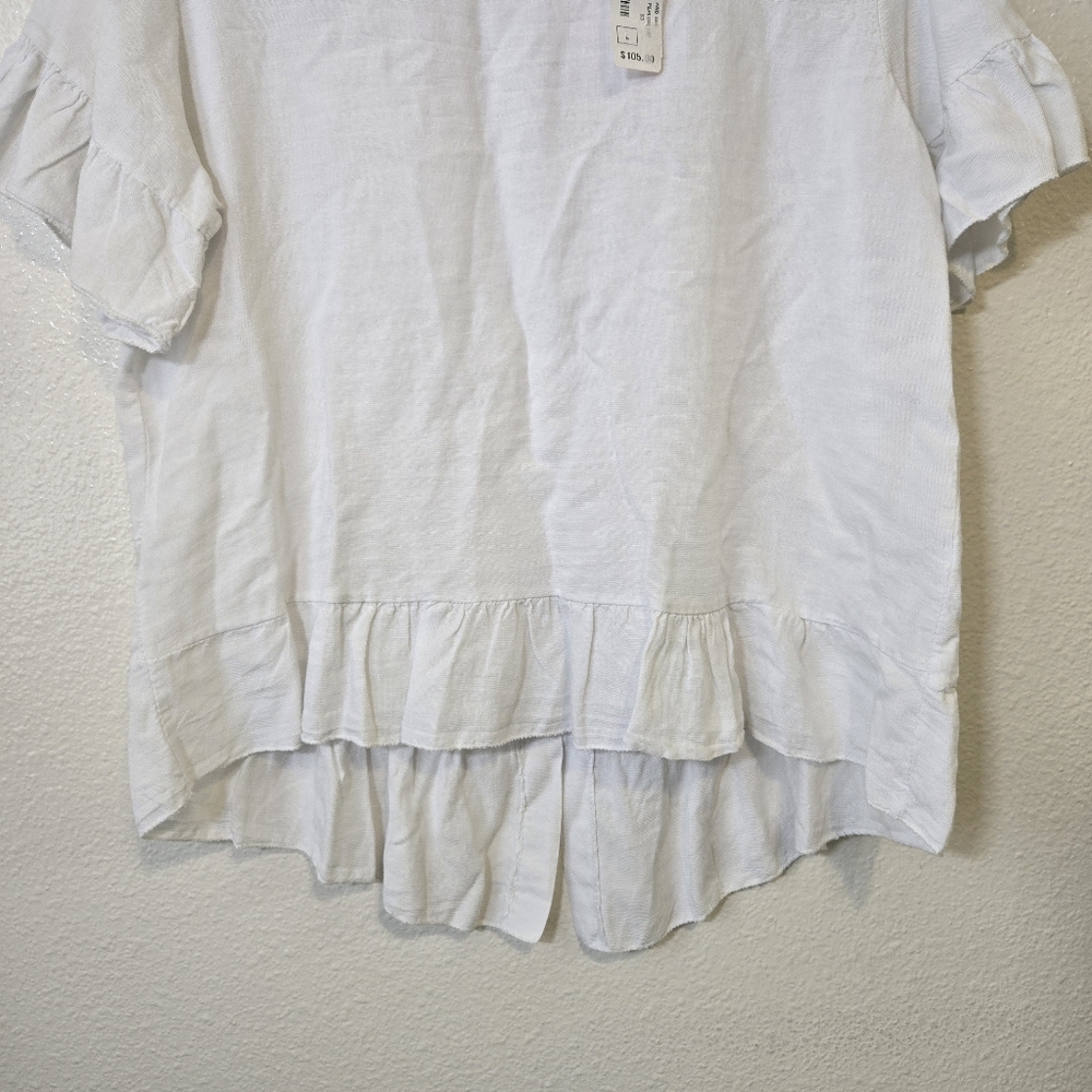 ME & GEE Italy Top Linen Cotton Ruffle Sleeve Peplum Abalone Button Up Back NWT - Picture 3 of 7